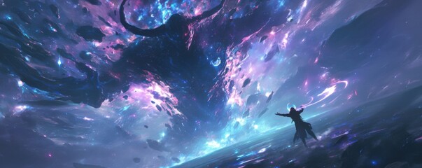 Wall Mural - a celestial devil-shaman soaring through the cosmos, wielding cosmic energies to reshape galaxies, 4