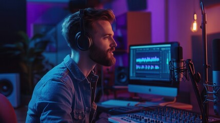 Leinwandbilder - The podcaster actively speaks into a microphone, engaged in a lively recording session in a modern studio filled with colorful lights. Generative AI