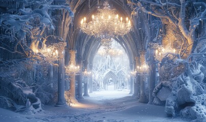 Wall Mural - Ethereal ice palace with sparkling ice chandeliers and frost-covered windows, nestled in a serene winter forest, 4K hyperrealistic photo