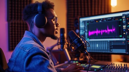 Aufkleber - The podcaster engages listeners while monitoring audio levels and discussing topics in a well-equipped recording studio. Generative AI