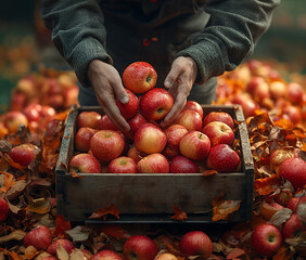 manly male hands plucking ripe red beautiful apples stacking in wooden box among orange autumn garden, wind blowing leaves, hyperraelism, free gmo