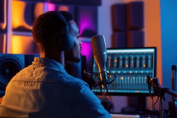 Aufkleber - A podcaster is actively speaking into a microphone in a stylish studio equipped with modern audio equipment. Generative AI