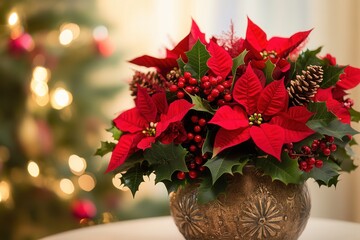 Poster - A vibrant arrangement of poinsettias, holly, and pinecones creates a festive atmosphere, beautifully enhancing a charming holiday setting. Generative AI