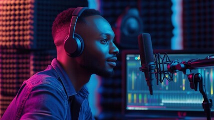 Leinwandbilder - A podcaster speaks into a microphone while wearing headphones in a vibrant recording studio, immersed in conversation. Generative AI