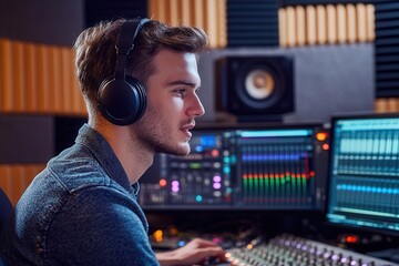 Leinwandbilder - The podcaster focuses on delivering engaging content while adjusting the controls in a contemporary studio environment. Generative AI