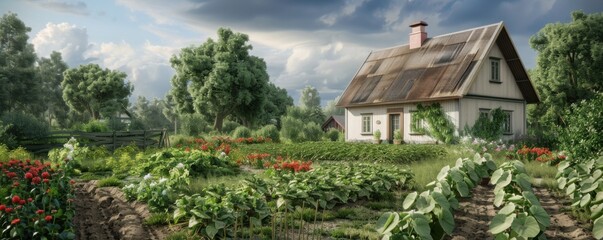 Canvas Print - Farmhouse with vegetable garden, 4K hyperrealistic photo,