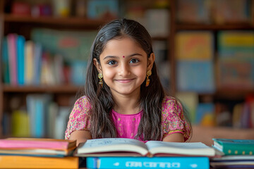 Portrait of an indian girl student in library