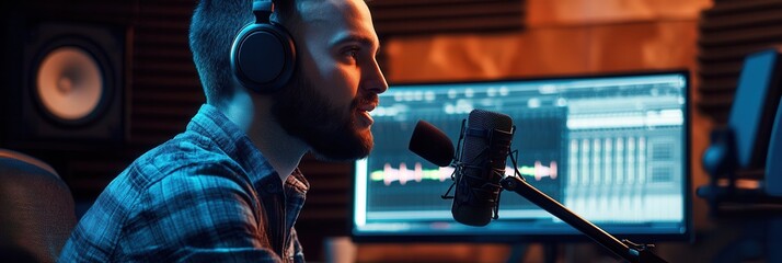 Leinwandbilder - The podcaster shares insights while speaking into the microphone in a vibrant studio, showcasing a creative atmosphere. Generative AI