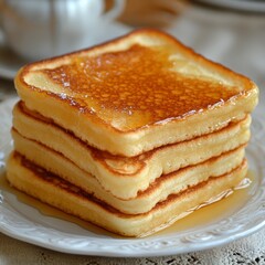 A mouth-watering stack of golden French toast drenched in syrup, captured on a white plate. Ideal for breakfast or brunch, this dish offers a perfect balance of crispy edges and soft texture.