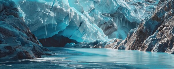 Poster - Melting glacier revealing ancient layers of ice, 4K hyperrealistic photo