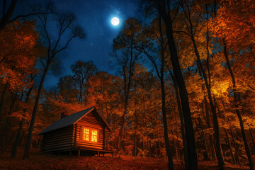 A deep, starry night sky with a full moon illuminating an autumn forest. In the distance, a wooden cabin with a warm, glowing window sits nestled among the trees.