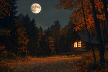 A deep, starry night sky with a full moon illuminating an autumn forest. In the distance, a wooden cabin with a warm, glowing window sits nestled among the trees.