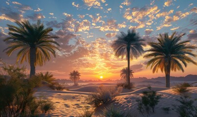 Sticker - Sunset Oasis in the Desert: Tranquil Mirage Unveiled, 4K hyperrealistic photo