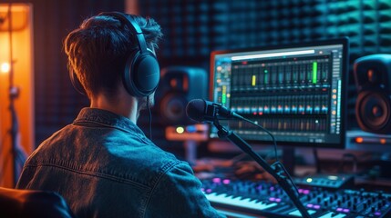 Leinwandbilder - The podcaster speaks intently into the microphone while monitoring sound levels on a computer screen in the studio. Generative AI