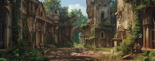 Poster - Forgotten castle with crumbling towers and overgrown courtyards, 4K hyperrealistic photo,