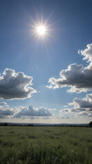 a bright, sunny sky with deep blue tones and the sun high in the sky, casting soft light across a pr