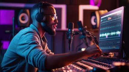 Aufkleber - The podcaster speaks into a microphone while controlling audio equipment, focused and energetic in the studio setup. Generative AI