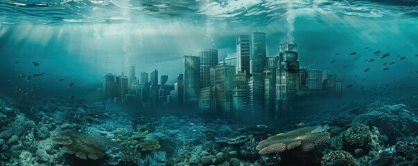 Wall Mural - underwater cityscape of artificial reefs, 4k hyperrealistic photo