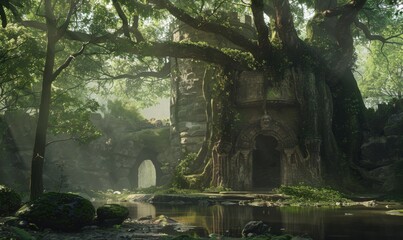 Poster - Mythical stronghold hidden within the ancient forest's heart, 4K hyperrealistic photo