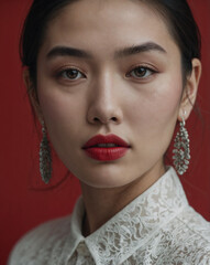 Wall Mural - Young Asian beauty wearing red lipstick with white lace collar shirt