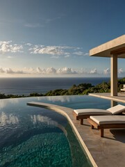 Wall Mural - This modern villa features an impressive infinity pool with breathtaking ocean views and lush surroundings.