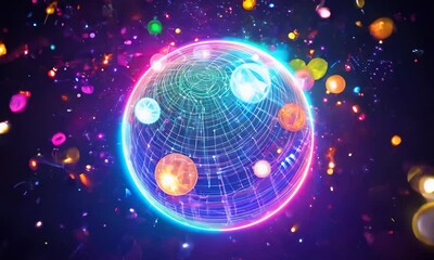 Wall Mural - Glowing sphere with grid pattern surrounded by colorful orbs.