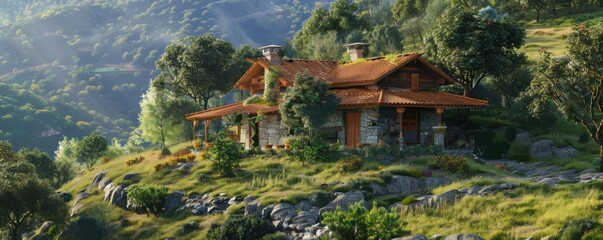 Poster - Remote village house on a hilltop, offering solitude and scenic charm, 4K hyperrealistic photo