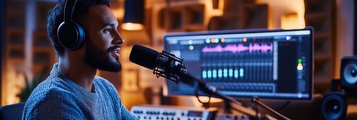 Leinwandbilder - The podcaster engages listeners with insightful commentary while recording in a cozy studio filled with technology. Generative AI