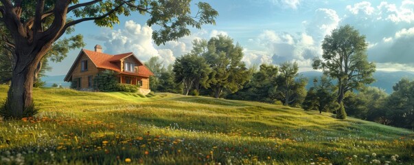 Canvas Print - Traditional countryside home on a hill, blending into its natural environment, 4K hyperrealistic photo