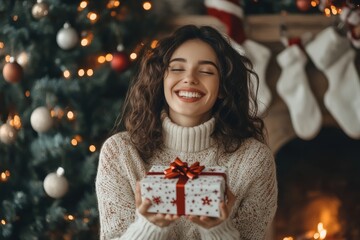 A smiling young woman holding a Christmas present, sitting by a cozy fireplace and a glowing Christmas tree.