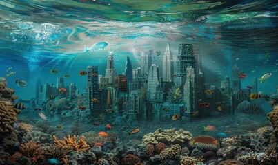 Wall Mural - Submerged Coral Cityscape: Oceanic Wonders Unveiled, 4K hyperrealistic photo