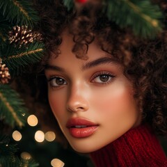 Close-up of a woman surrounded by Christmas tree branches, posing in a cozy red sweater with holiday lights in the background.