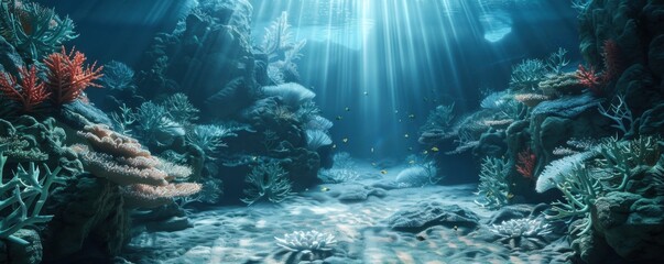 Poster - Tranquil underwater scene featuring intricate coral structures and gentle ocean currents, 4K hyperrealistic photo