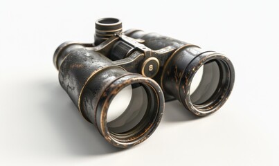 Pair of vintage binoculars, white background, 4K hyperrealistic photo