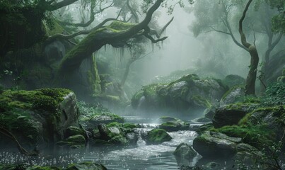 Poster - Ancient grove sanctuary in mist, 4K hyperrealistic photo