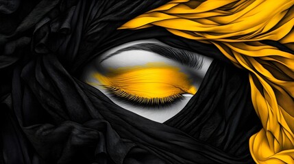 A close-up of a woman's eye with bright yellow eyeshadow, partially covered by black fabric.