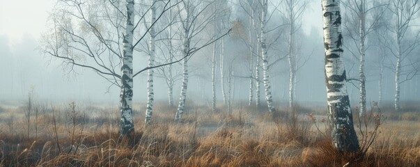 Poster - Leafless birch trees in a mist-covered, melancholic moorland, 4K hyperrealistic photo