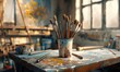 © AlexeyAdob4 - Paintbrushes in a cup on the workbench, 4K hyperrealistic photo