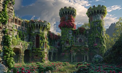 Poster - Fairy-tale citadel adorned with ivy-covered towers and secret gardens, 4K hyperrealistic photo