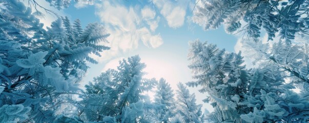 Canvas Print - Winter forest with snow-laden branches and a bright sky, 4K hyperrealistic photo,