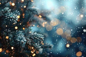 Canvas Print - Christmas tree: snow-covered, adorned with twinkling lights.