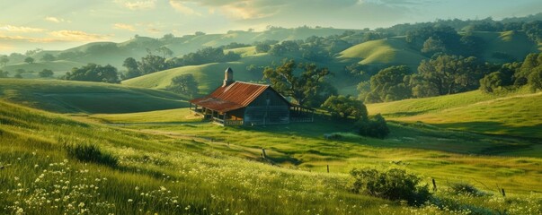 Sticker - Remote farmhouse nestled among rolling hills and verdant pastures, 4K hyperrealistic photo