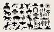 © cddesign.co - Vector set contains 45 black Western-themed icons, including cowboys, horses, desert landscapes, cacti,, skulls, boots, and stars.