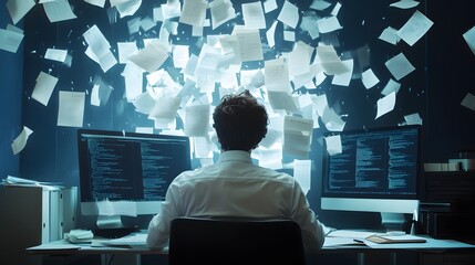 Programmer working in a chaotic office environment