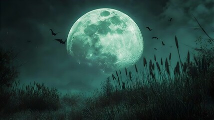 halloween, moon, night, sky, clouds, stars, sea, landscape, fantasy, full, blue, tranquil, reflecting, light