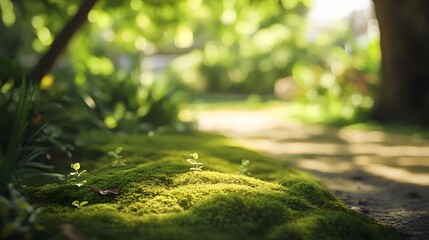 Lush green forest with moss-covered rocks