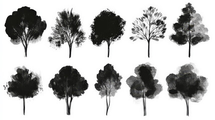trendy set of black silhouettes of trees on a white background, made with ink, rough brushstrokes. g
