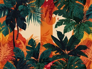 Wall Mural - Summer-themed abstract background with tropical plants and shapes.