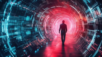 Aufkleber - A figure walks through a vibrant, futuristic tunnel of colorful lights and data, symbolizing a journey into technology and the unknown.