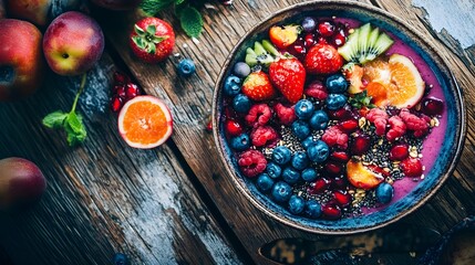 A colorful smoothie bowl topped with fresh fruits and seeds placed on a rustic wooden table, showcasing healthy eating and vibrant nutrition